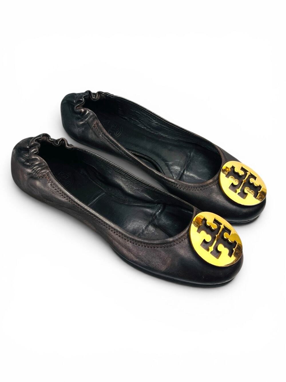 Tory Burch Minnie Travel Ballet Flats Brown Leather Gold Logo Medallion Size 6.5